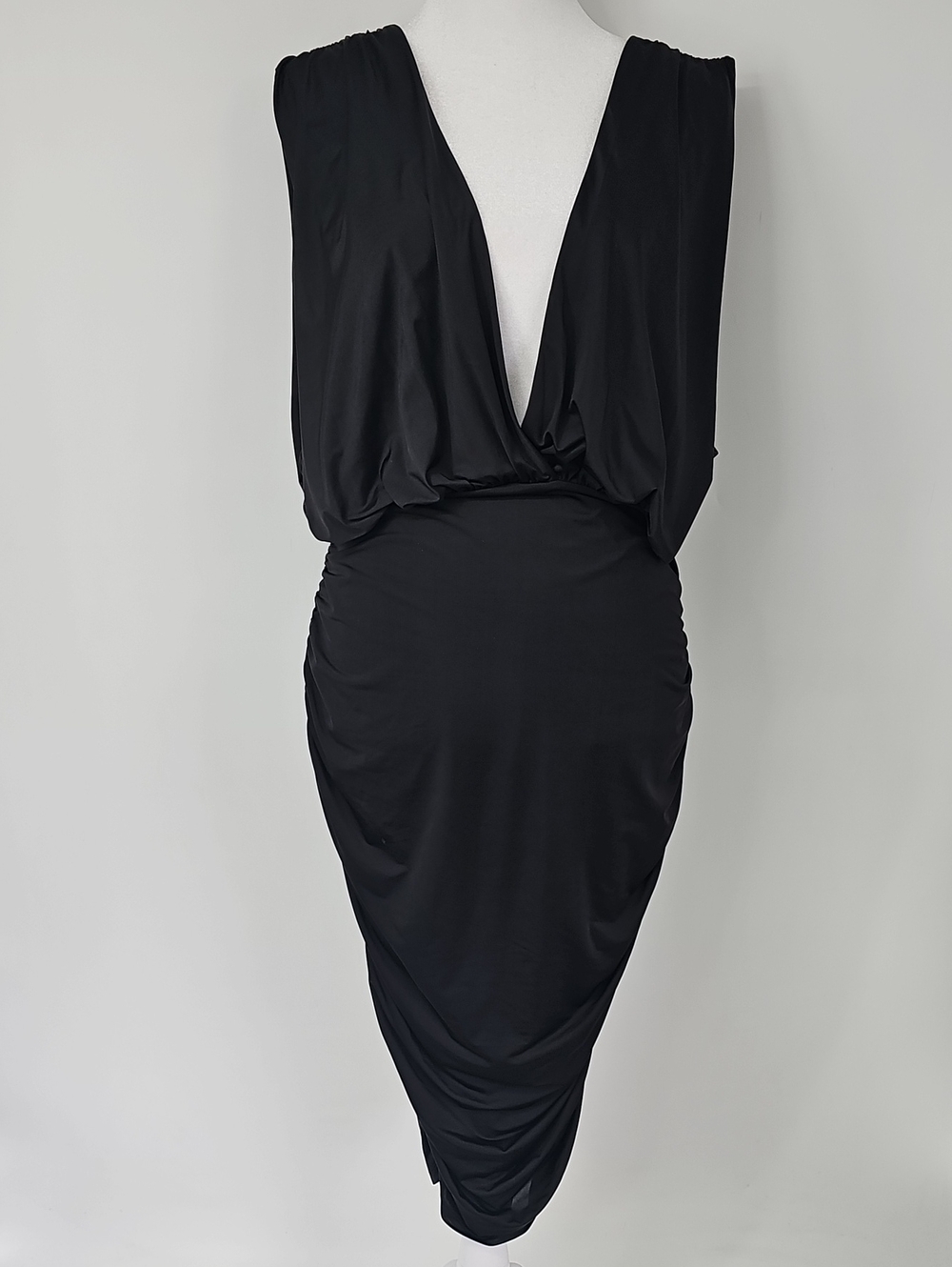 Sexy Black Deep Vneck Drapey Top Open Sides Rusch Fitted Bottom Midi Dress Vamp